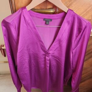 Ann Taylor Satin V-Neck Blouse in Fuchsia